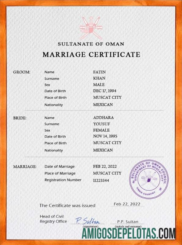 Realista modelo PSD de certidão de casamento de Omã